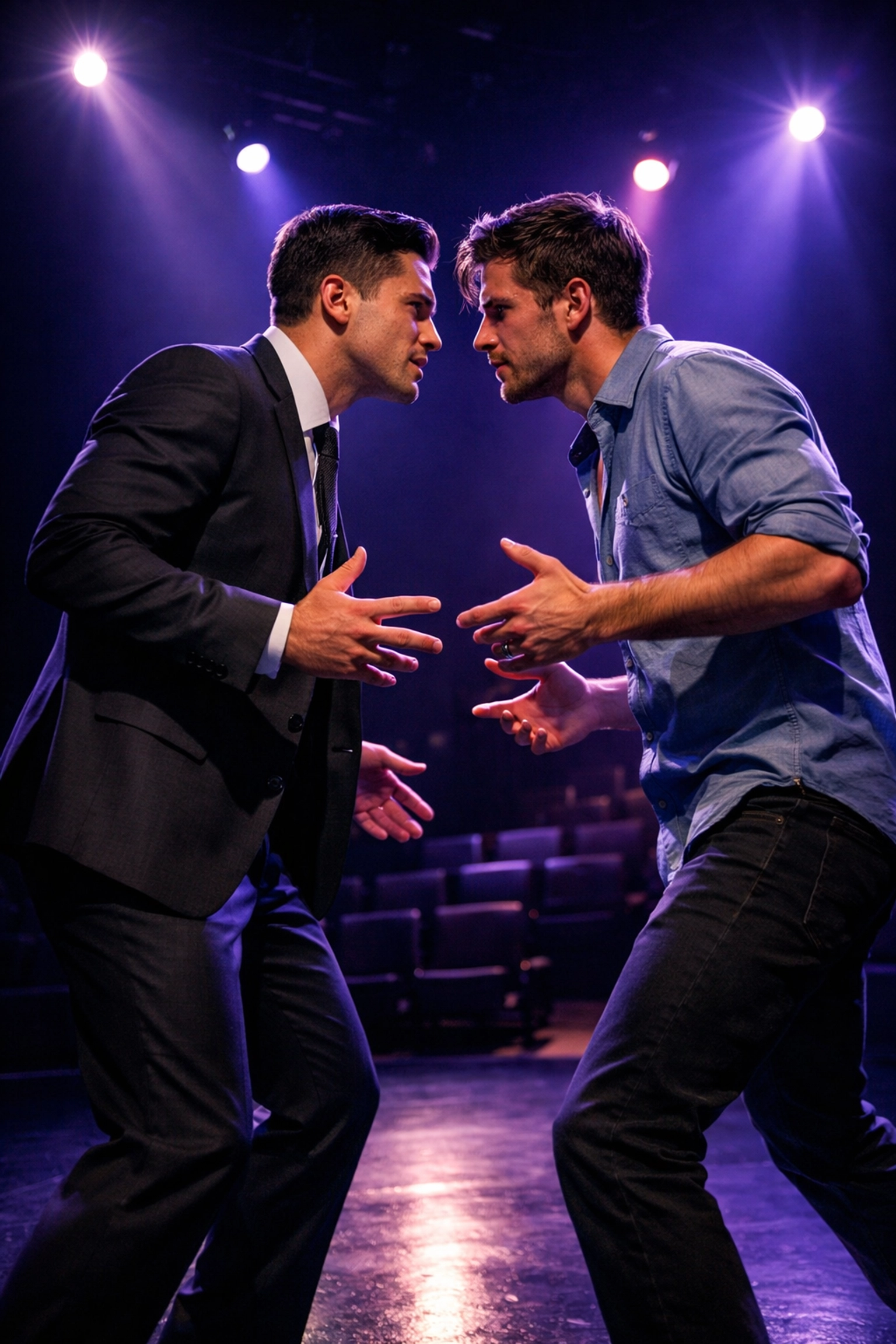Male actors performing emotional confrontation scene on stage with intense chemistry