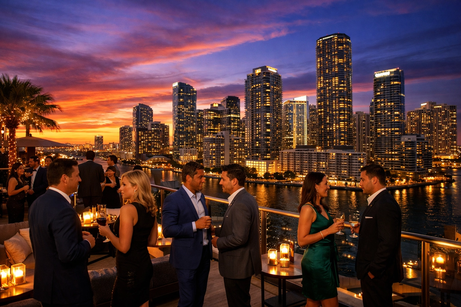 Miami event photographer capturing a luxury corporate rooftop mixer in Brickell during magic hour.