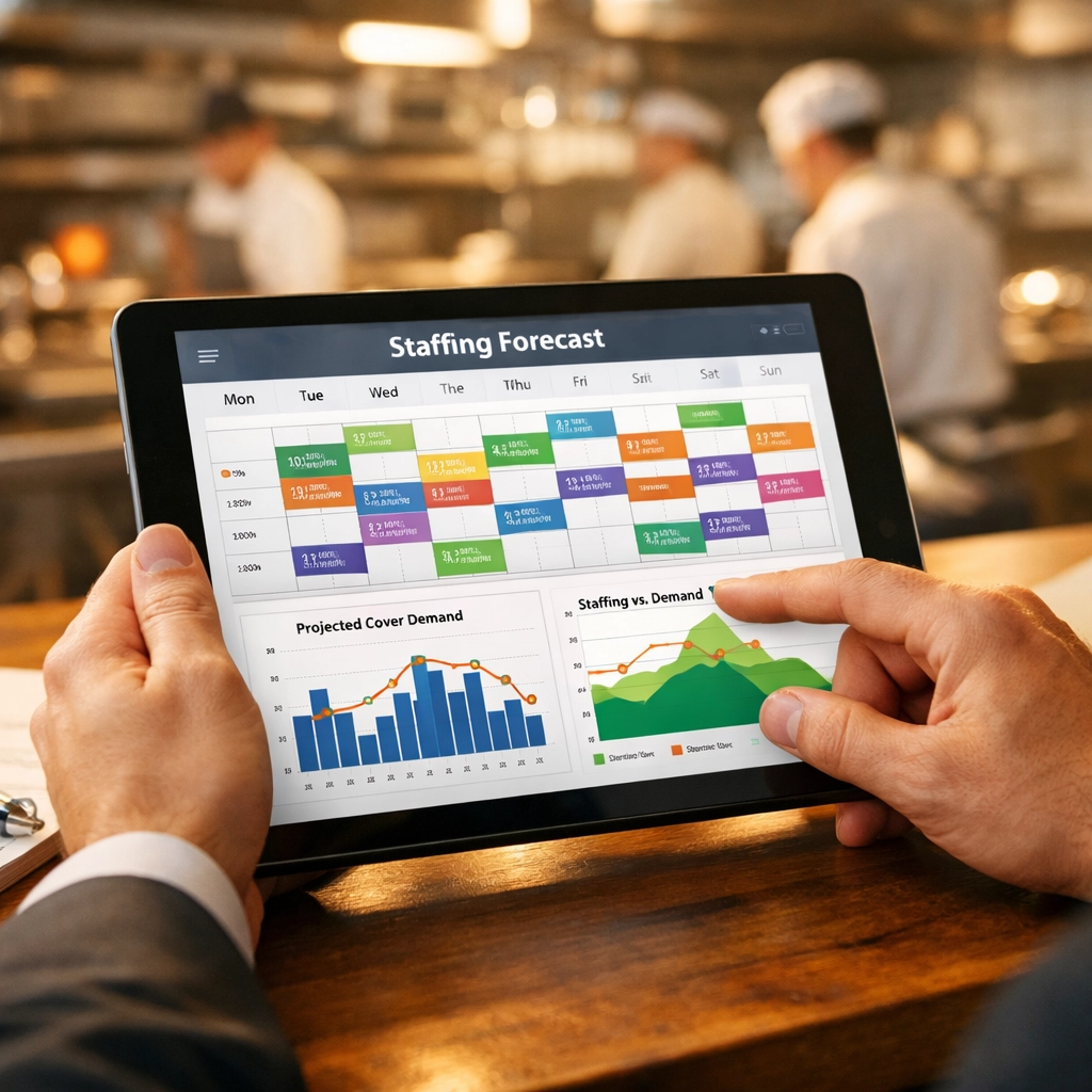 Restaurant manager using AI staffing prediction software to optimize labor costs and scheduling