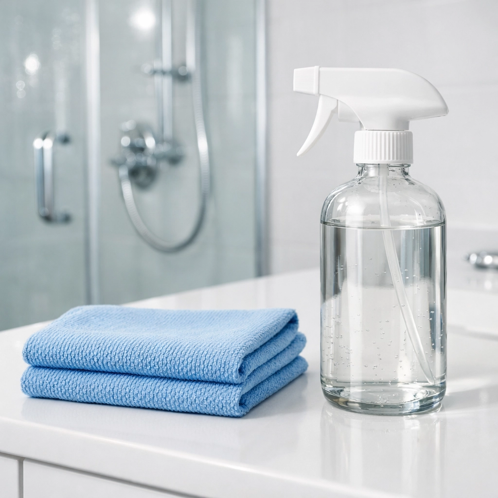 Eco-friendly apartment cleaning supplies and a microfiber cloth on a sparkling clean Newton bathroom vanity.