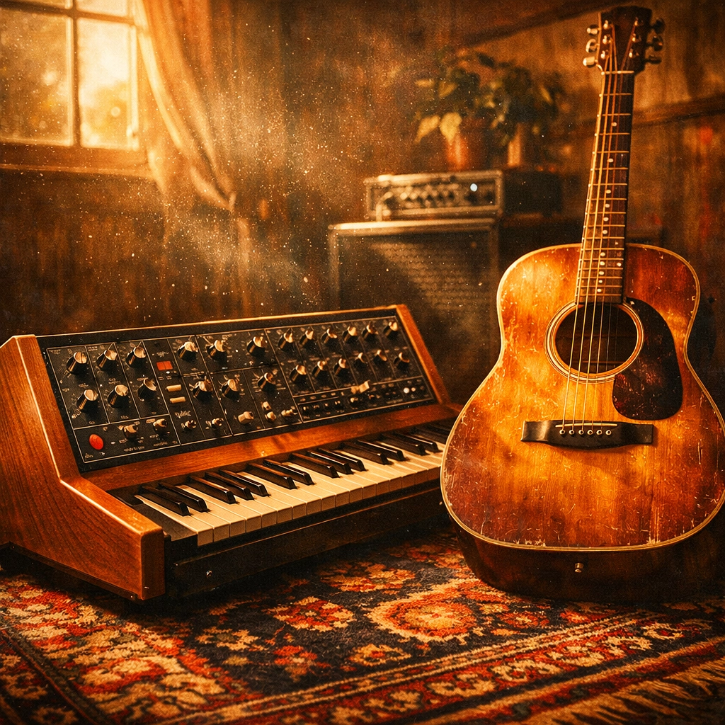 Vintage analog synthesizer and acoustic guitar, celebrating the legacy of synth-pop and indie rock.