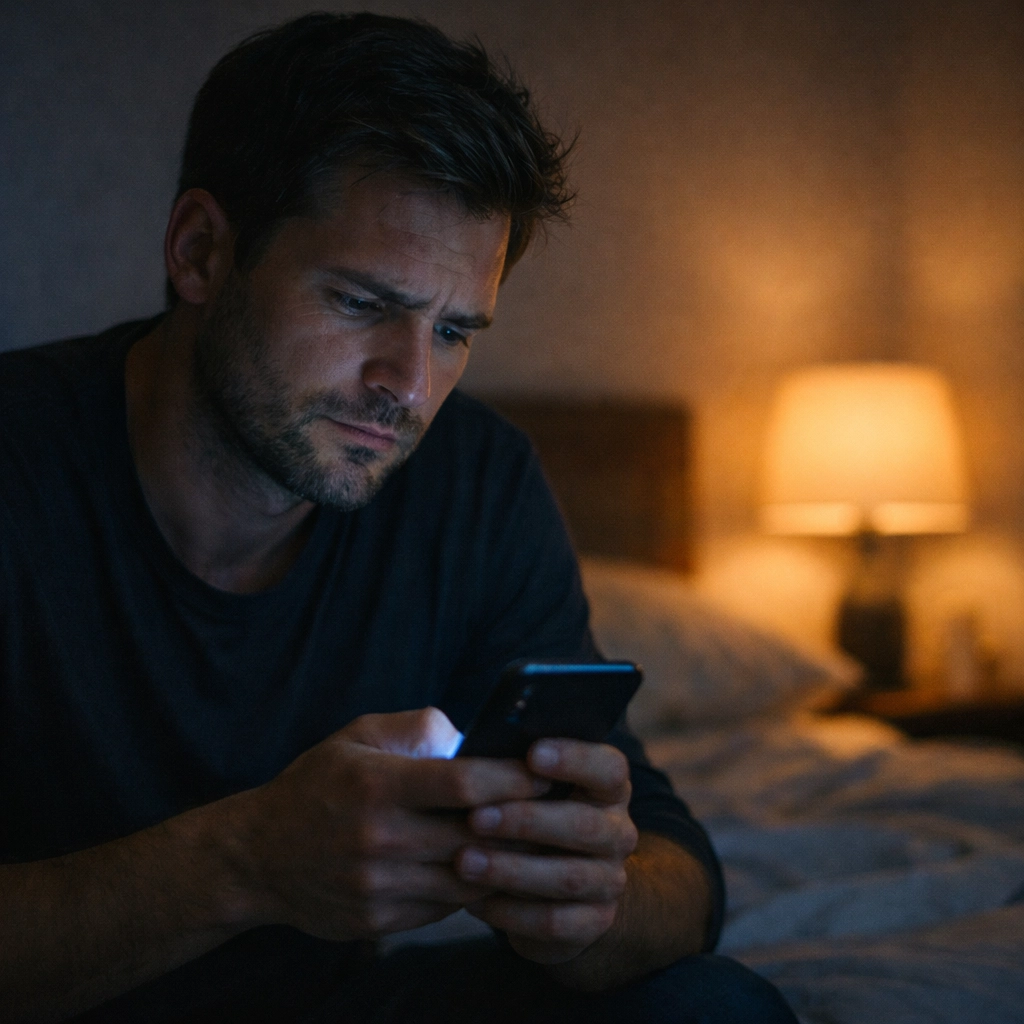 Gondterhelt férfi a hálószobában, a PIED és a dopaminfüggőség tüneteit mutatva.