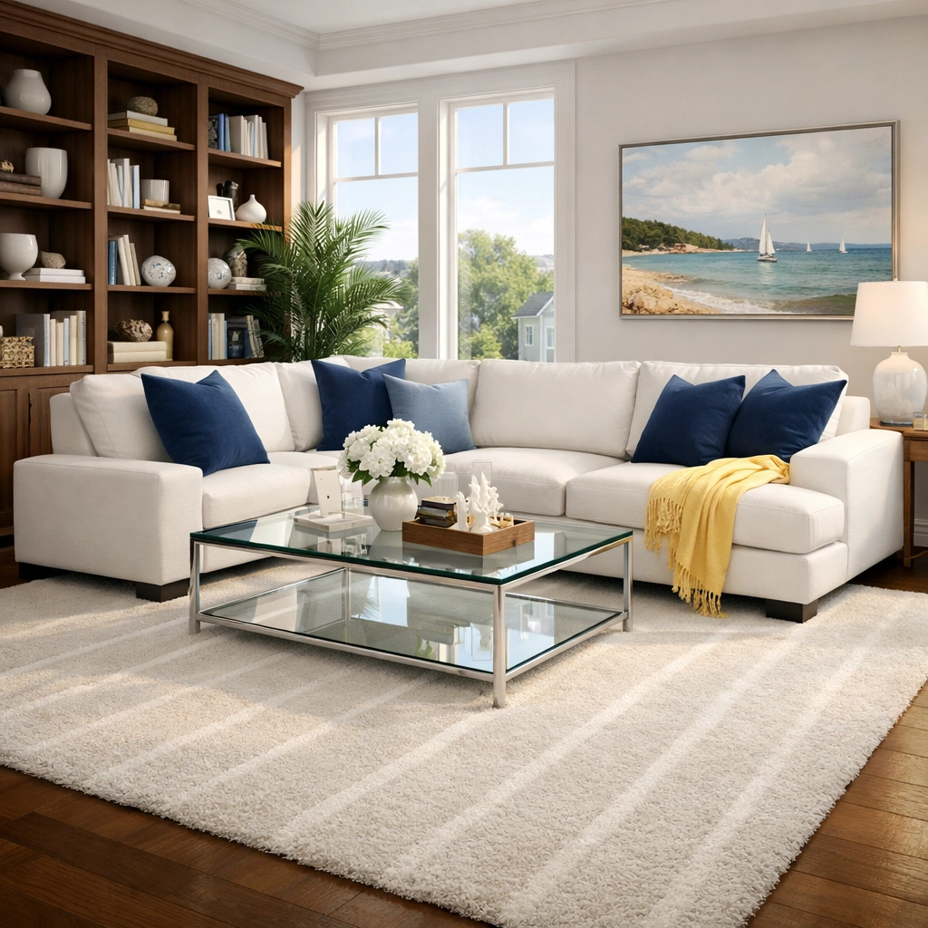 A tidy Newton living room with vacuum lines on the rug, showcasing luxury house cleaning MA service standards.