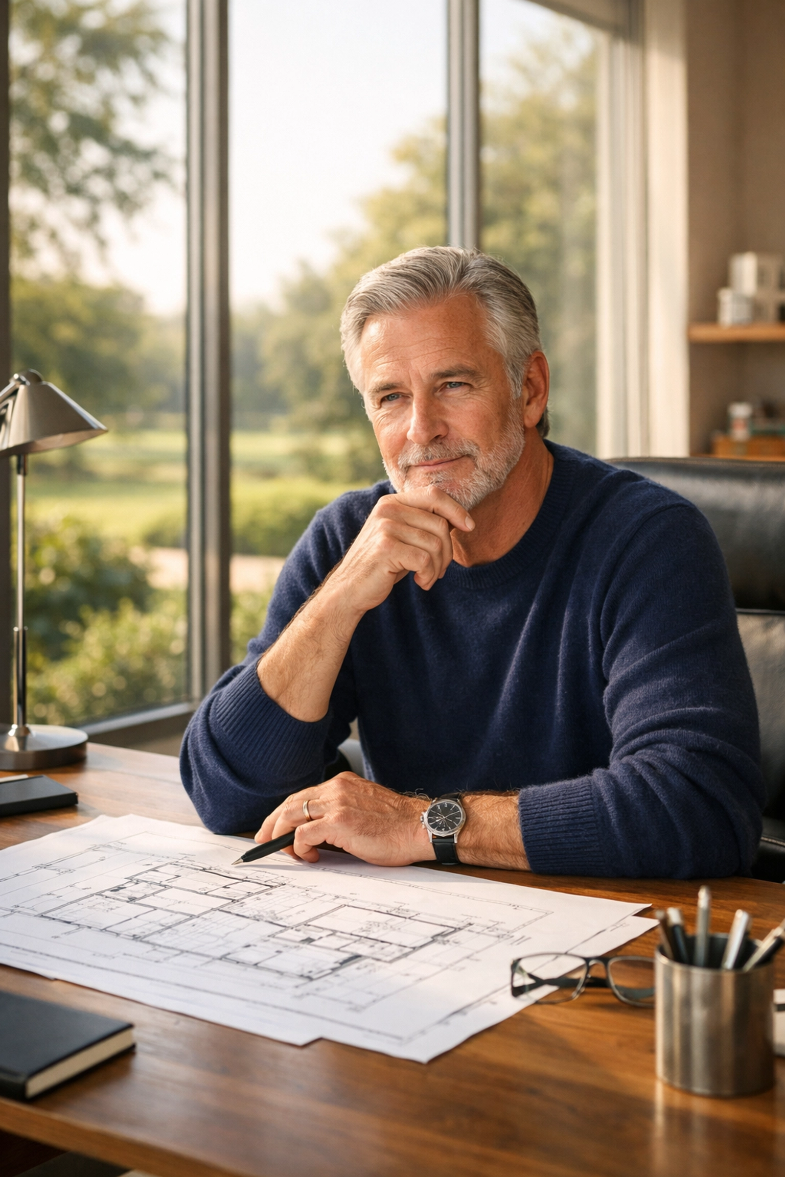 Man reviewing architectural plans for a secure retirement strategy to evaluate annuities pros and cons for retirement.