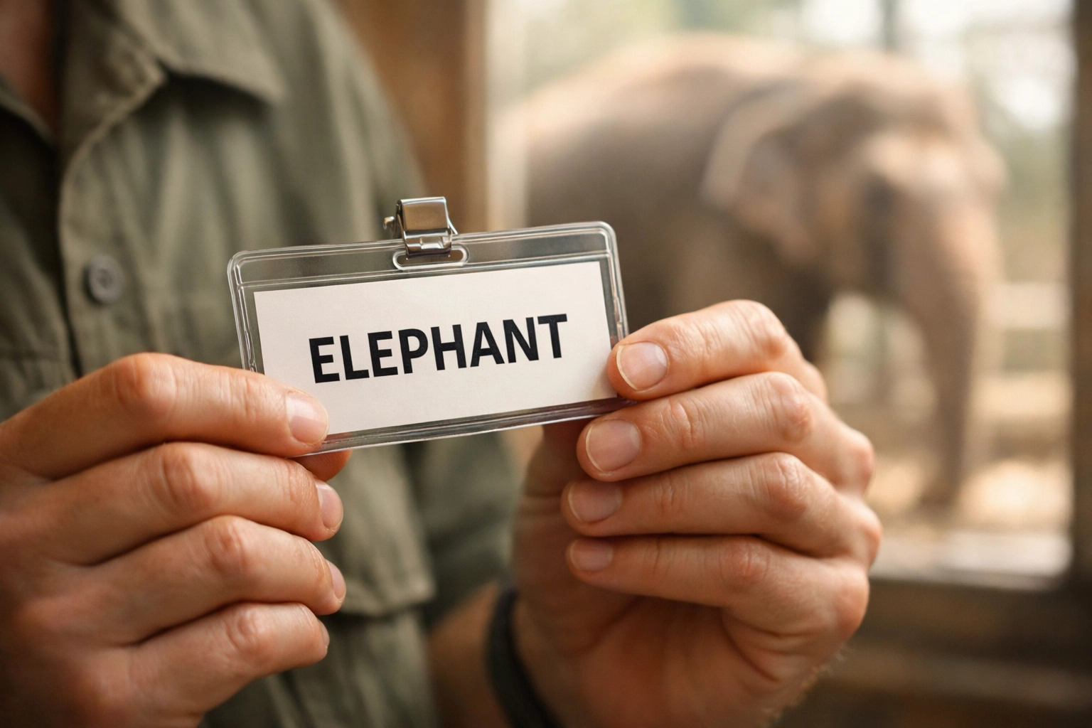 Zoo keeper holding name tag with elephant in background demonstrating personalized animal storytelling