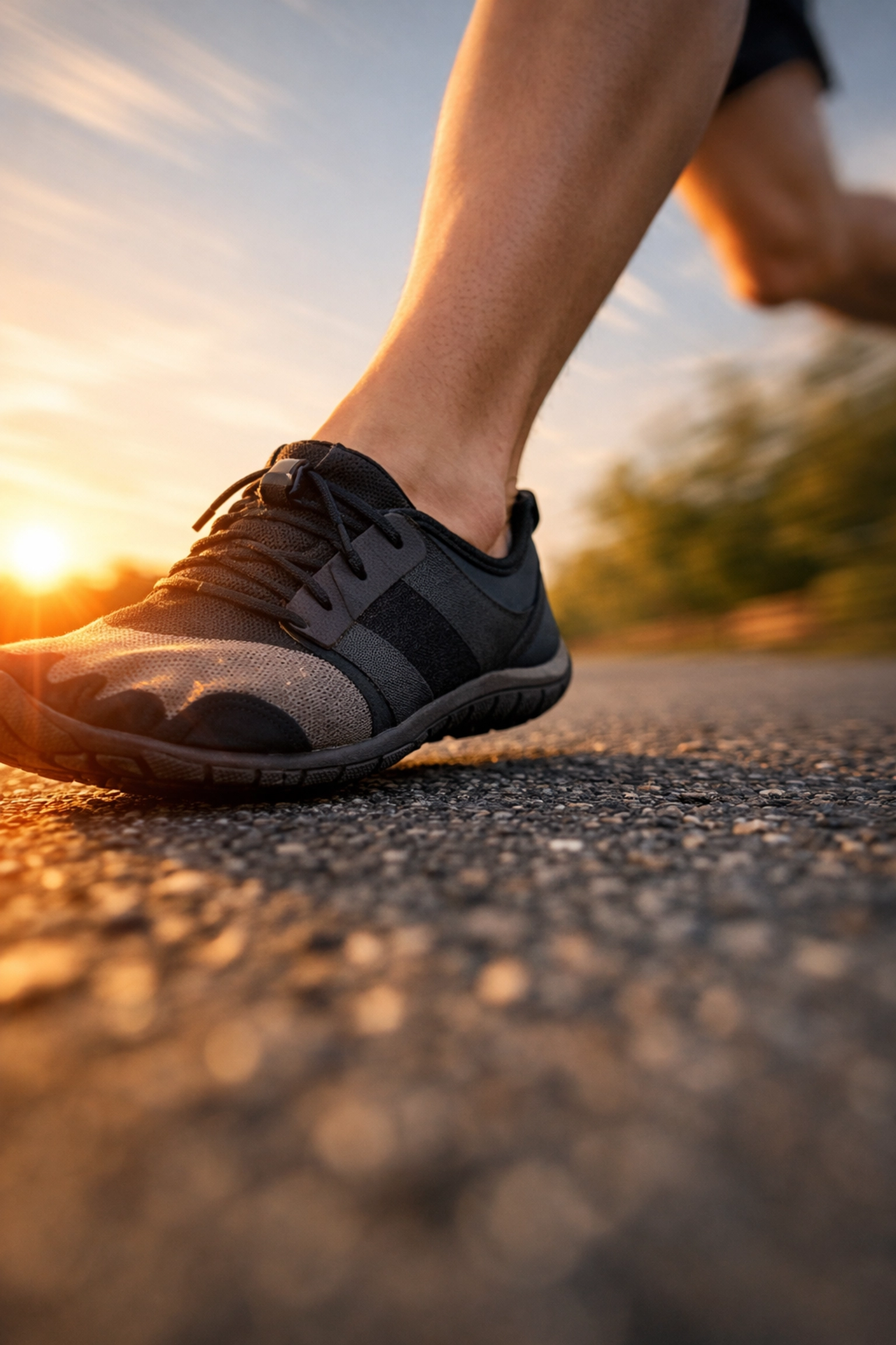 Runner in minimalist footwear demonstrating a midfoot strike to improve gait and reduce injury risk.