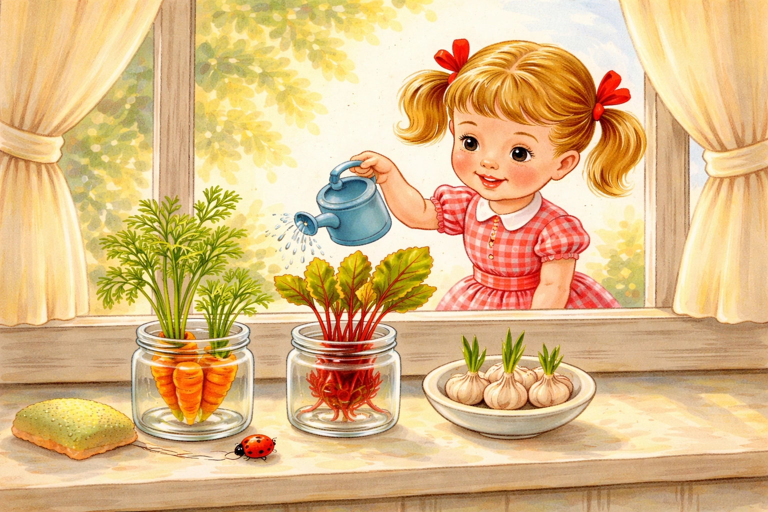 Child watering jars with carrot tops, beet tops, and garlic cloves sprouting on a sunny windowsill, teaching vegetable regrowing