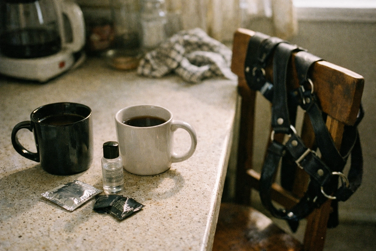 Kitchen counter morning-after vibe: two coffee mugs, lube and condoms discreetly, harness on a chair in natural light