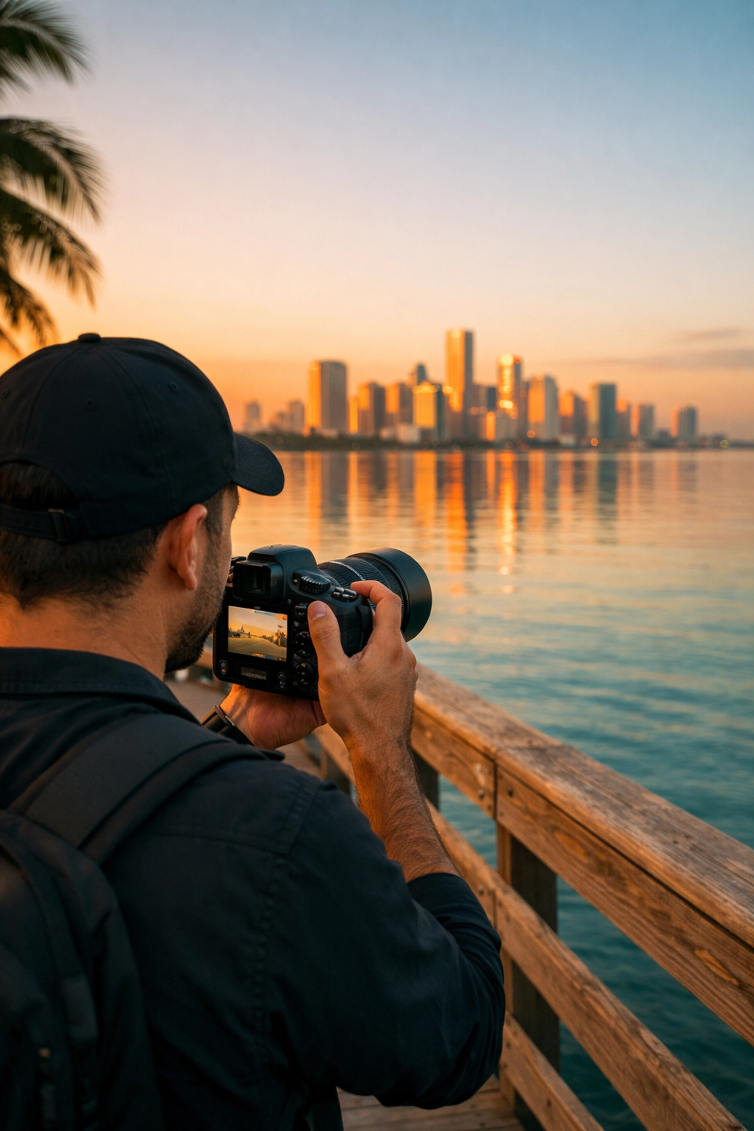 A Miami photographer preparing for a shoot at Key Biscayne with the city skyline in the background.