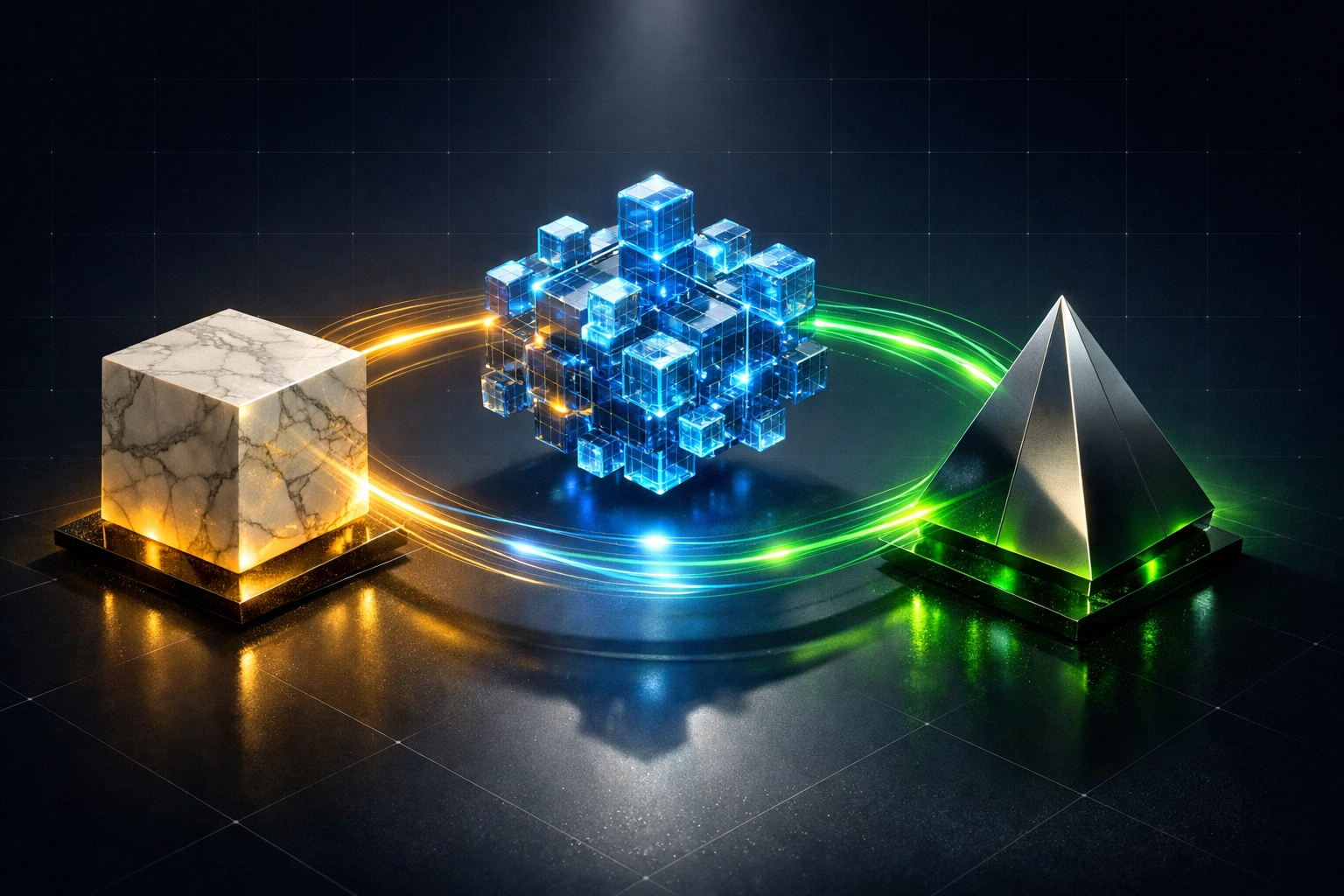 Three interconnected structures representing private equity, crypto, and real estate portfolio diversification