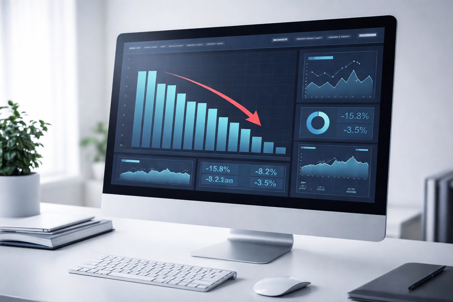 Monitor showing declining bar graphs and analytics, representing high risk merchant account processing volume issues