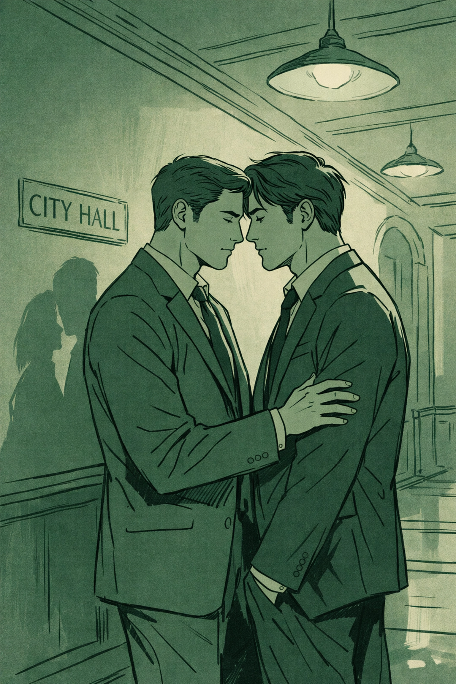 Two men in forbidden romance at City Hall - MM political romance illustration