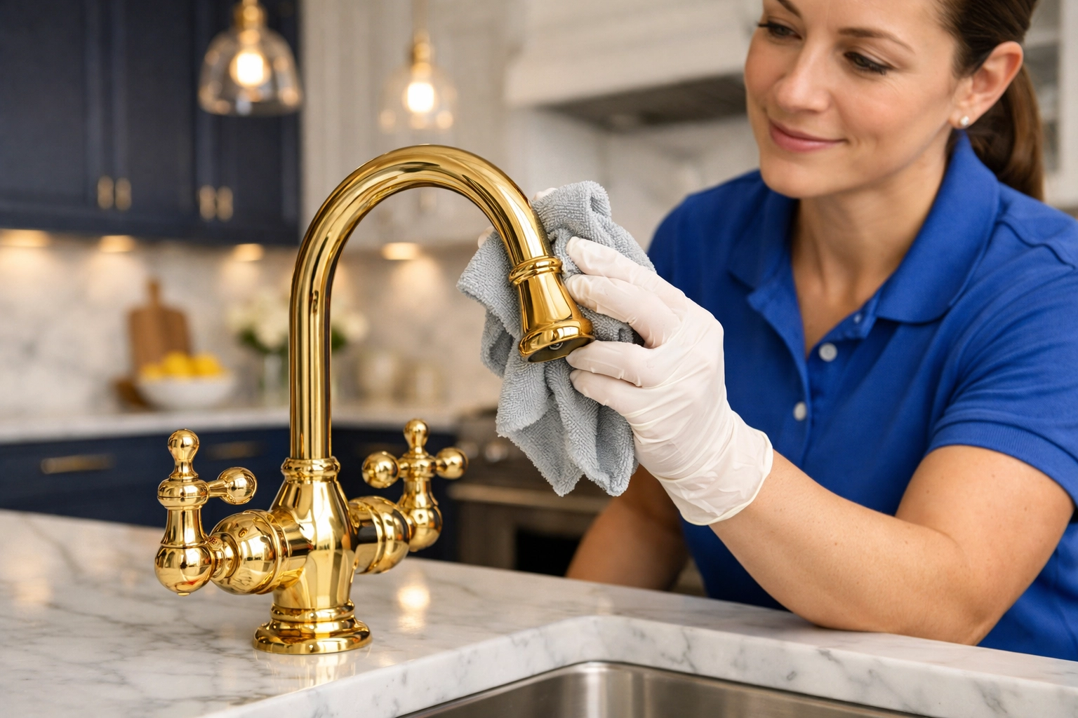 Professional cleaner detailing a luxury kitchen for expert Deep Cleaning in Wellesley MA.