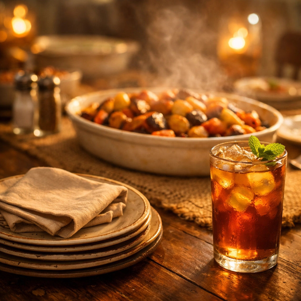 Warm Southern dining table set for a family gathering featuring roasted root vegetables and rustic decor.