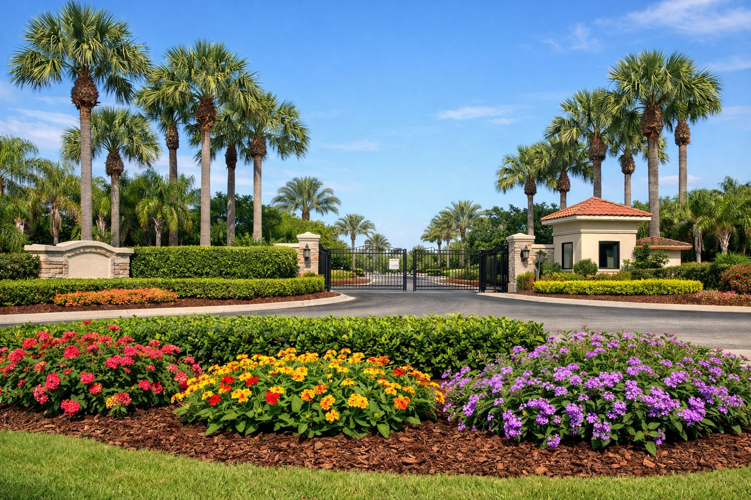 Gated community entrance in Cape Coral with HOA-approved native Florida landscaping