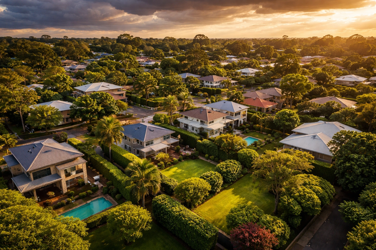 Aerial view of Brisbane suburb homes with lush gardens and lawns, illustrating local authority and community expertise.