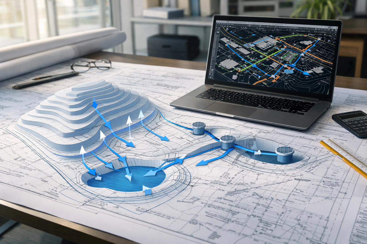 Detailed site grading plan blueprint and civil engineering CAD model for Ontario municipal approval.