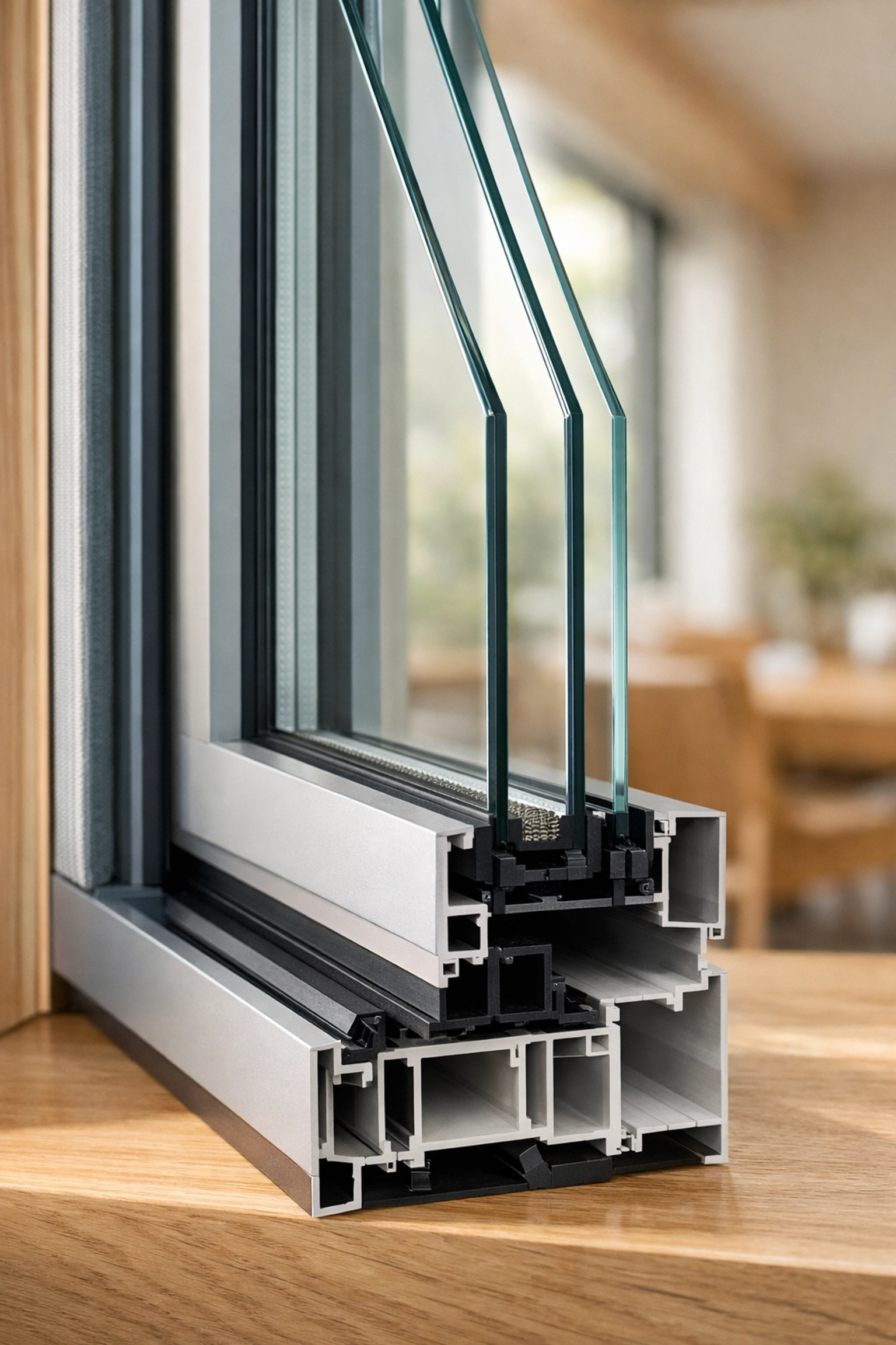 Double-glazed window cross-section showing insulating air gap for energy efficiency