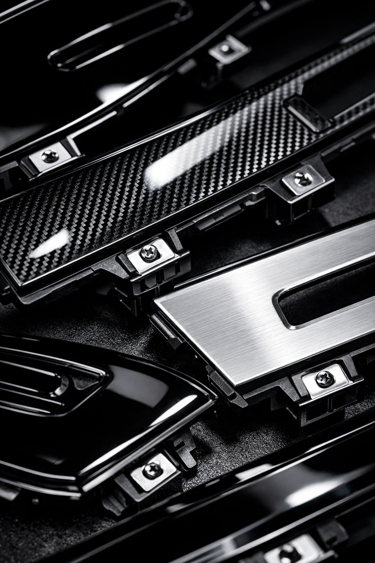 Dashboard trim pieces in piano black, carbon fiber, and aluminum finishes for head unit installation