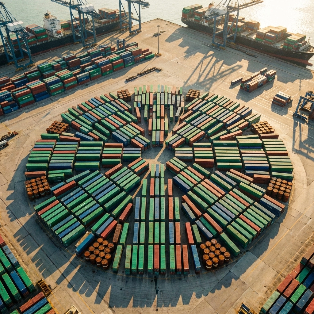 Aerial view of shipping containers and oil barrels highlighting global commodity diversification