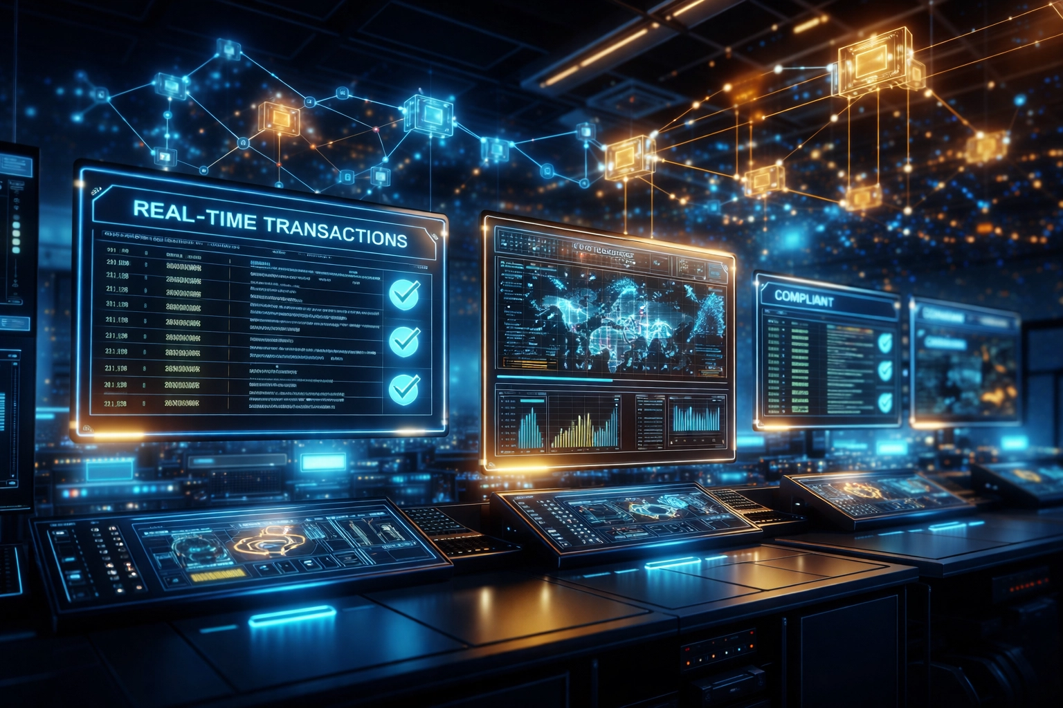 Digital compliance dashboard showing real-time crypto transactions and blockchain security data for Web3 payment monitoring.