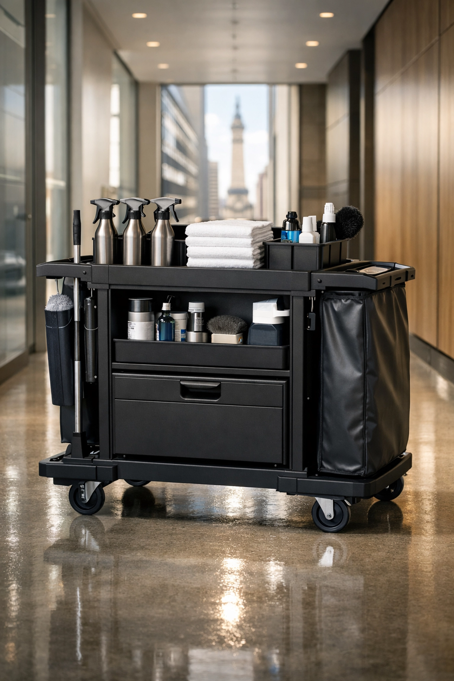 Professional janitorial cart with organized cleaning supplies in a modern Indianapolis corporate office hallway.