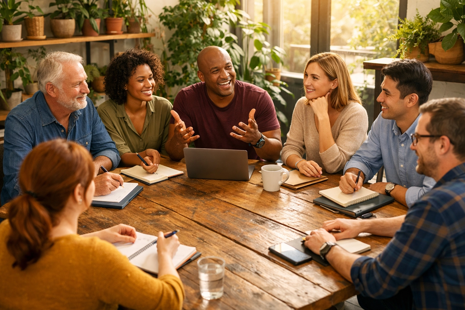 Diverse team collaborating authentically around table in psychologically safe meeting environment