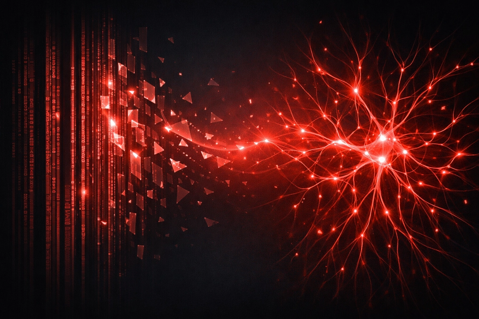 Digital data columns evolving into a neural network representing the transition to GEO and AI search.