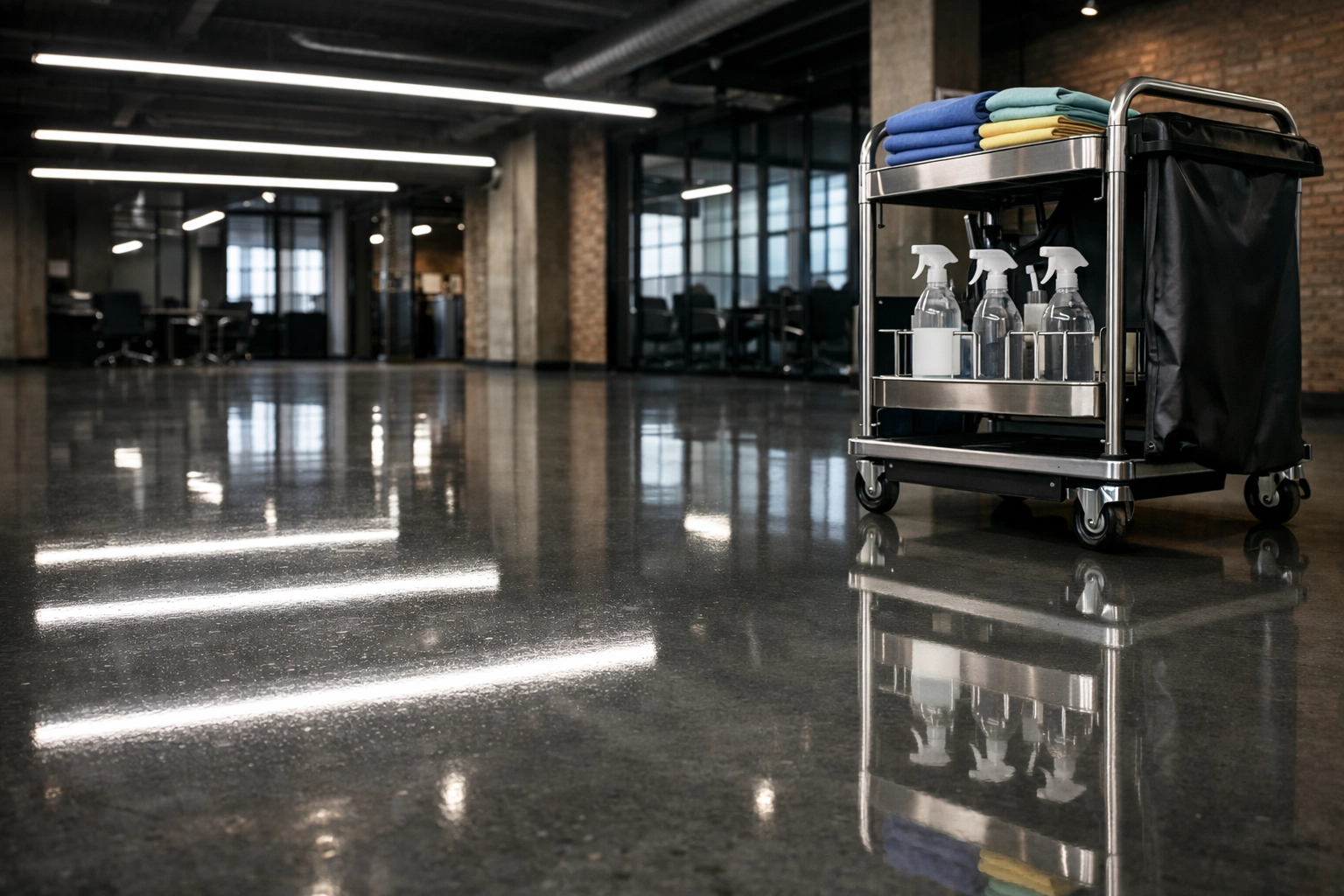 Immaculate polished concrete floors in a Detroit office with a professional janitorial cleaning trolley.