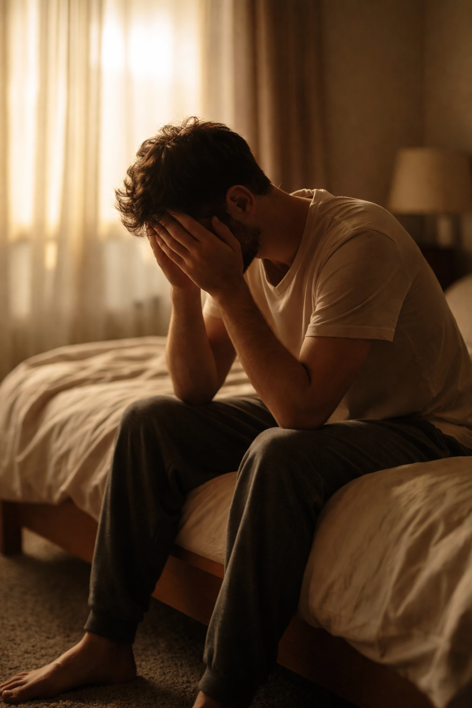 Fiatal férfi ül ágy szélén, elgondolkodva, merevedési zavar és pornó okozta érzelmi nehézségek vizuális megjelenítése