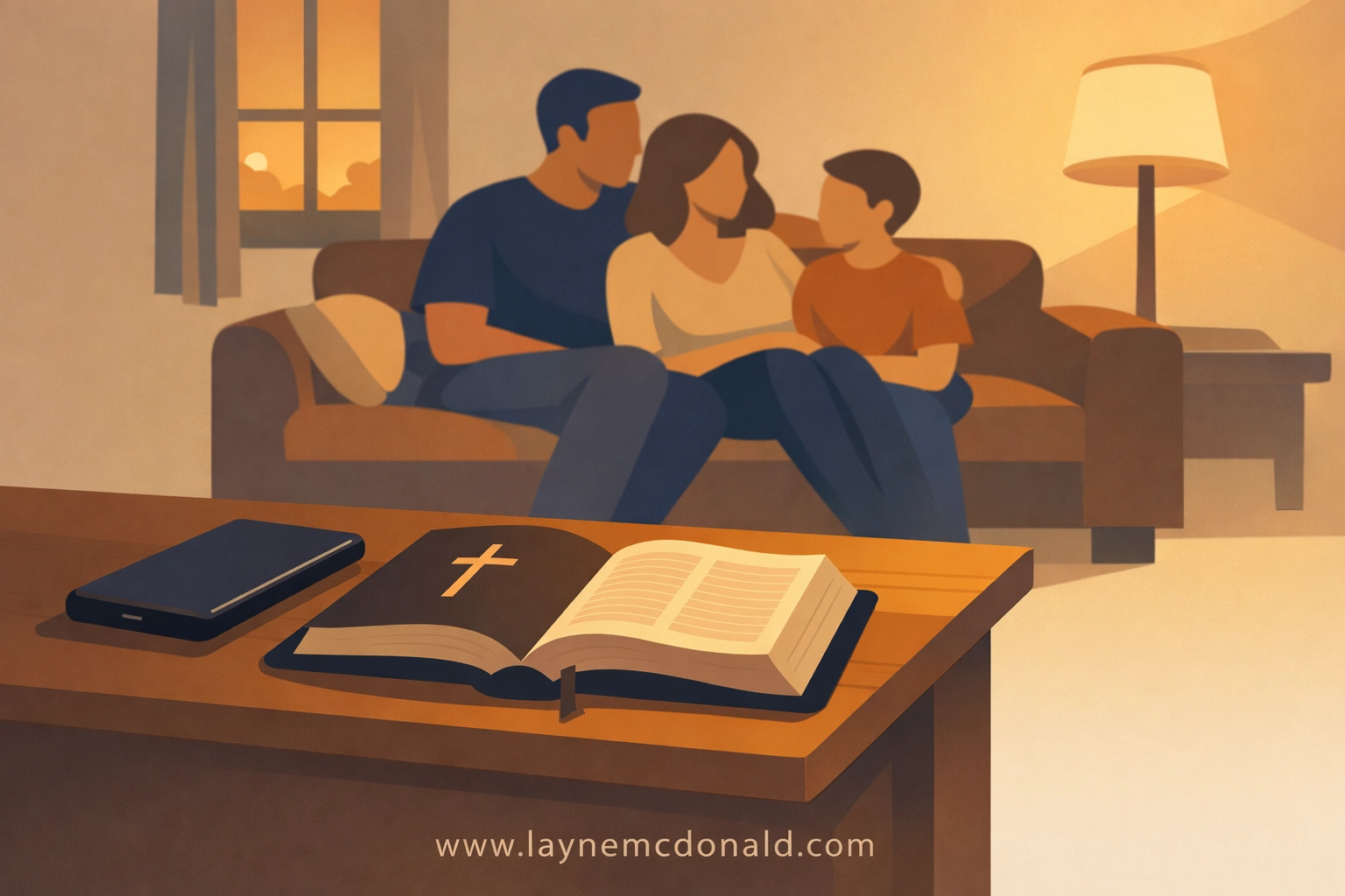 Family relaxing together in living room with phone set aside next to Bible on table