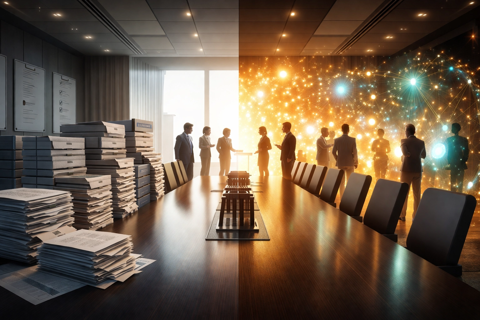 A corporate boardroom split between stacks of compliance documents and collaborative ethical AI, highlighting the difference between legal compliance and ethical AI in business.