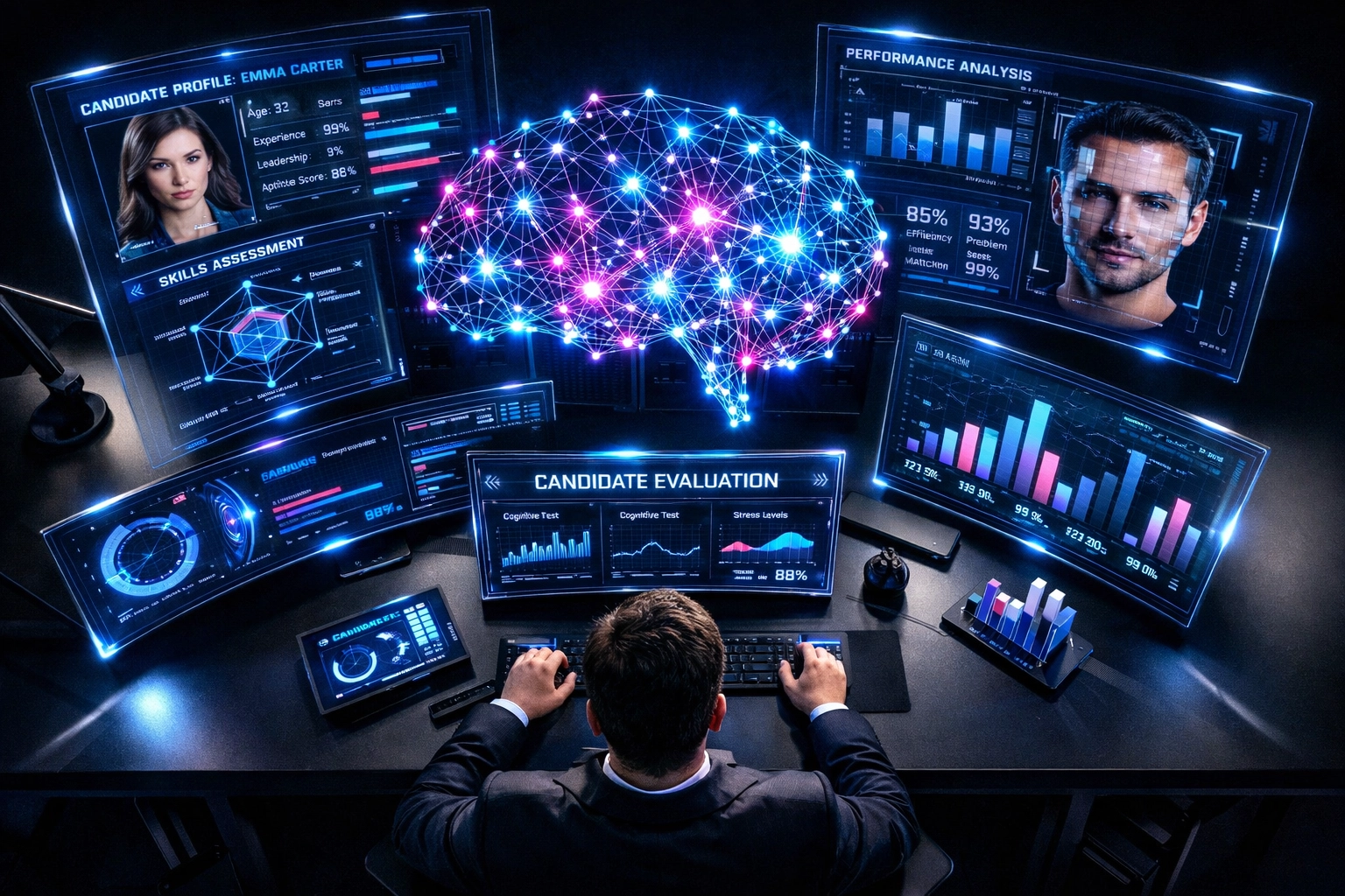 AI assessment dashboard displaying candidate readiness scores and performance metrics for hiring