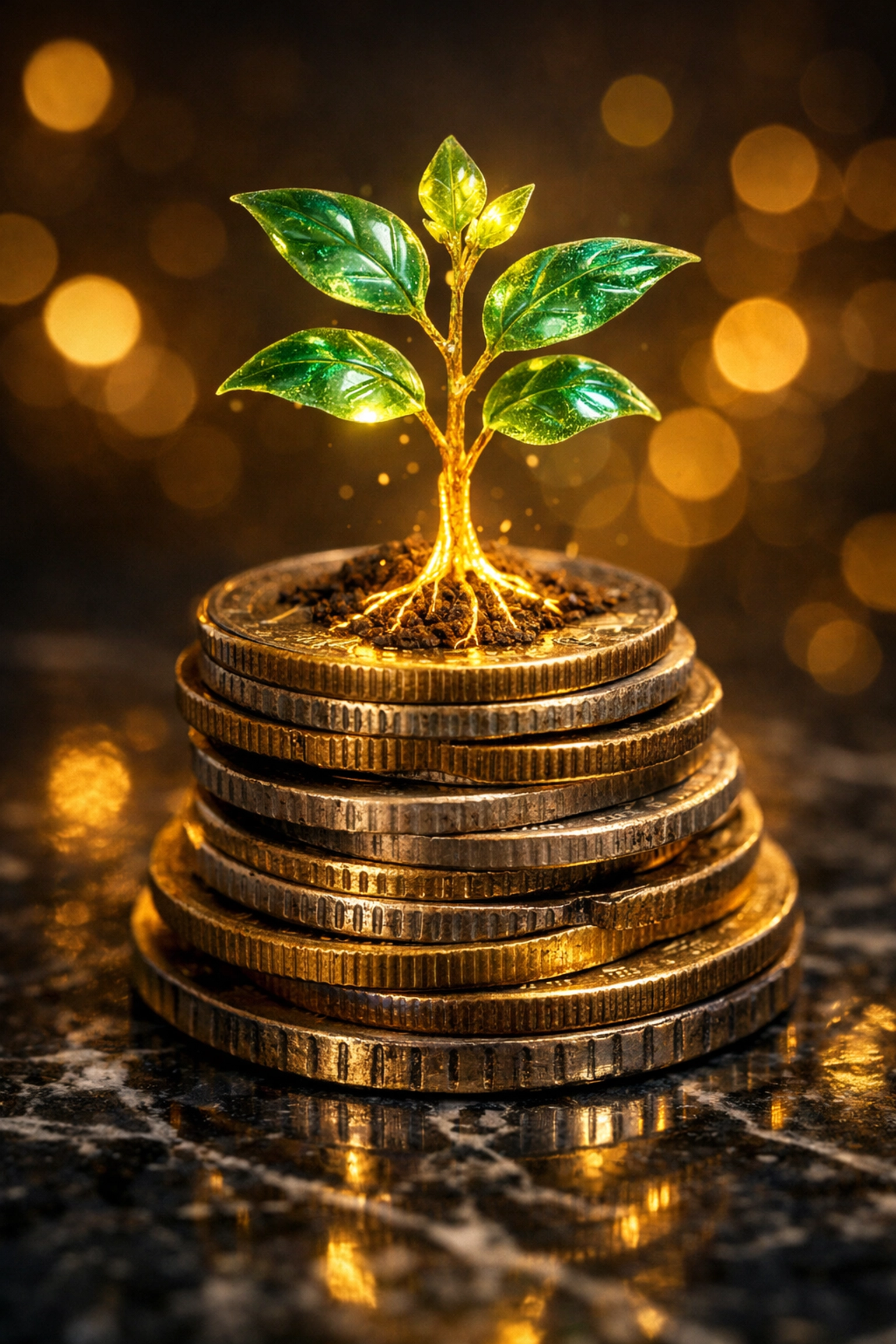 Small golden plant growing from a pile of coins representing early investment and long-term financial growth.