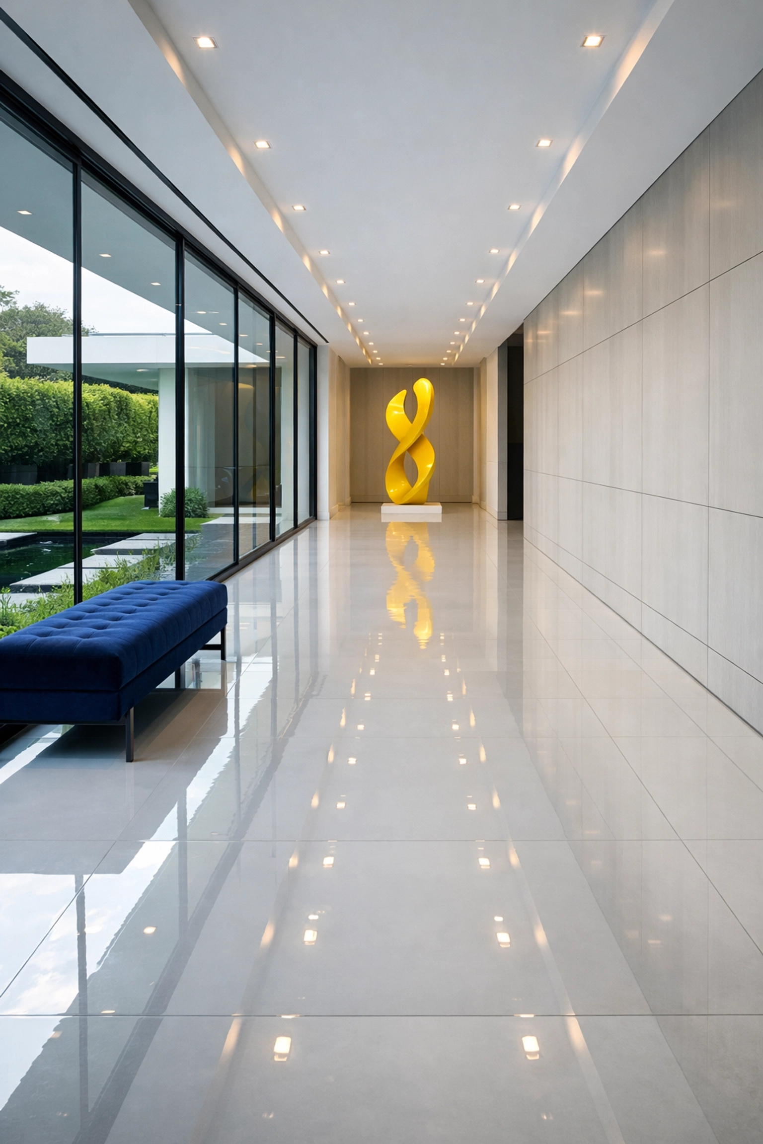 High-end Lexington estate hallway showcasing spotless white tiles and precise residential cleaning services.