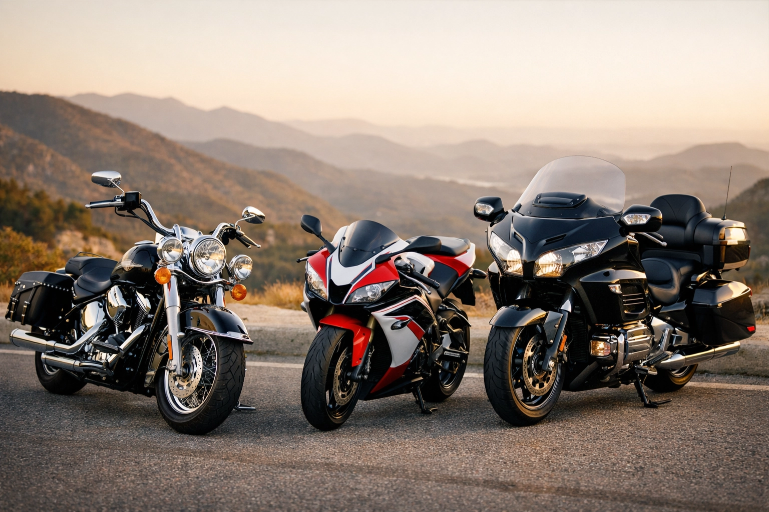Diverse motorcycles parked on a mountain road symbolizing industry leaders joining the national safety campaign.