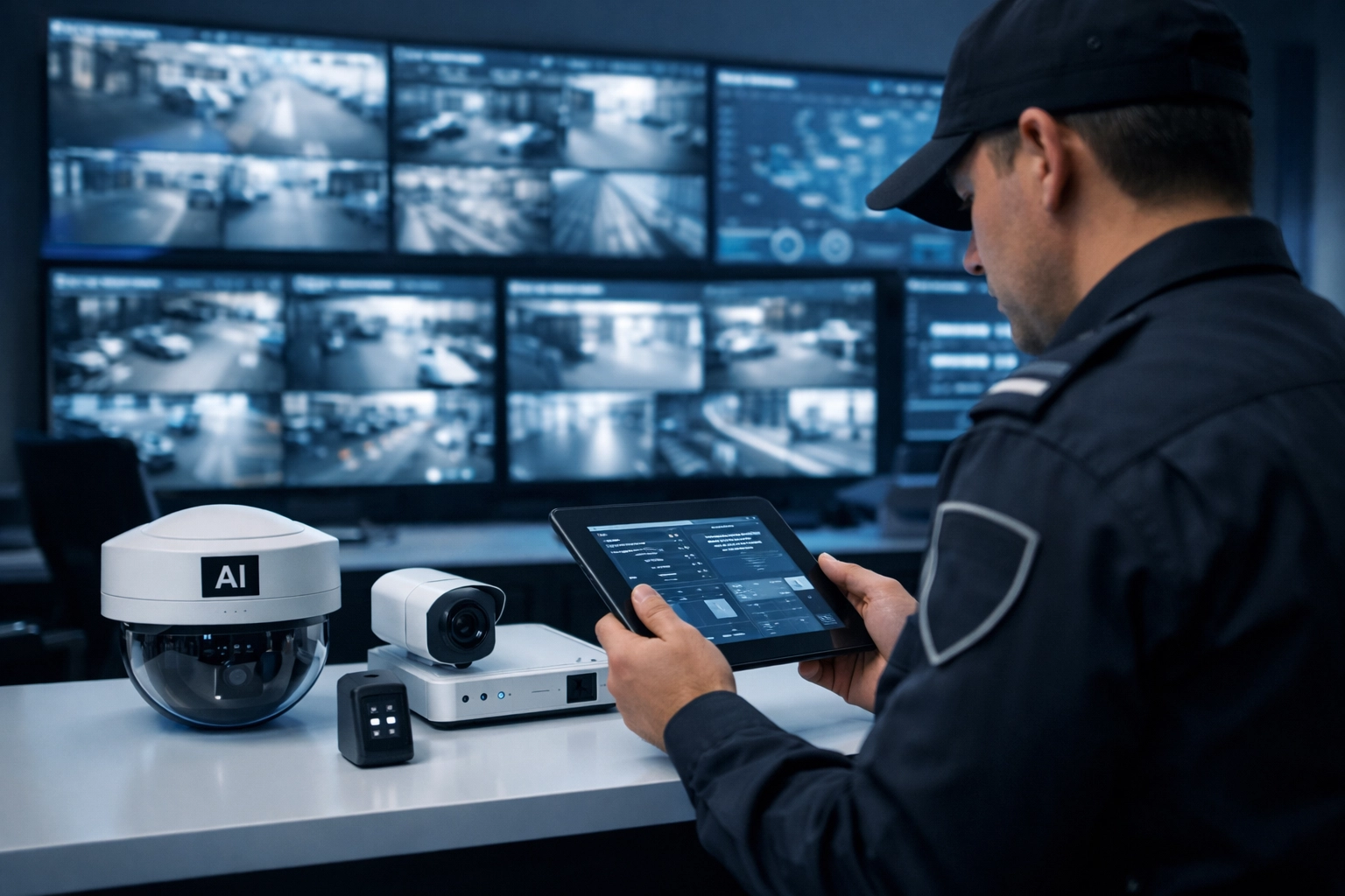 Modern security control room with monitoring screens and professional reviewing security feeds
