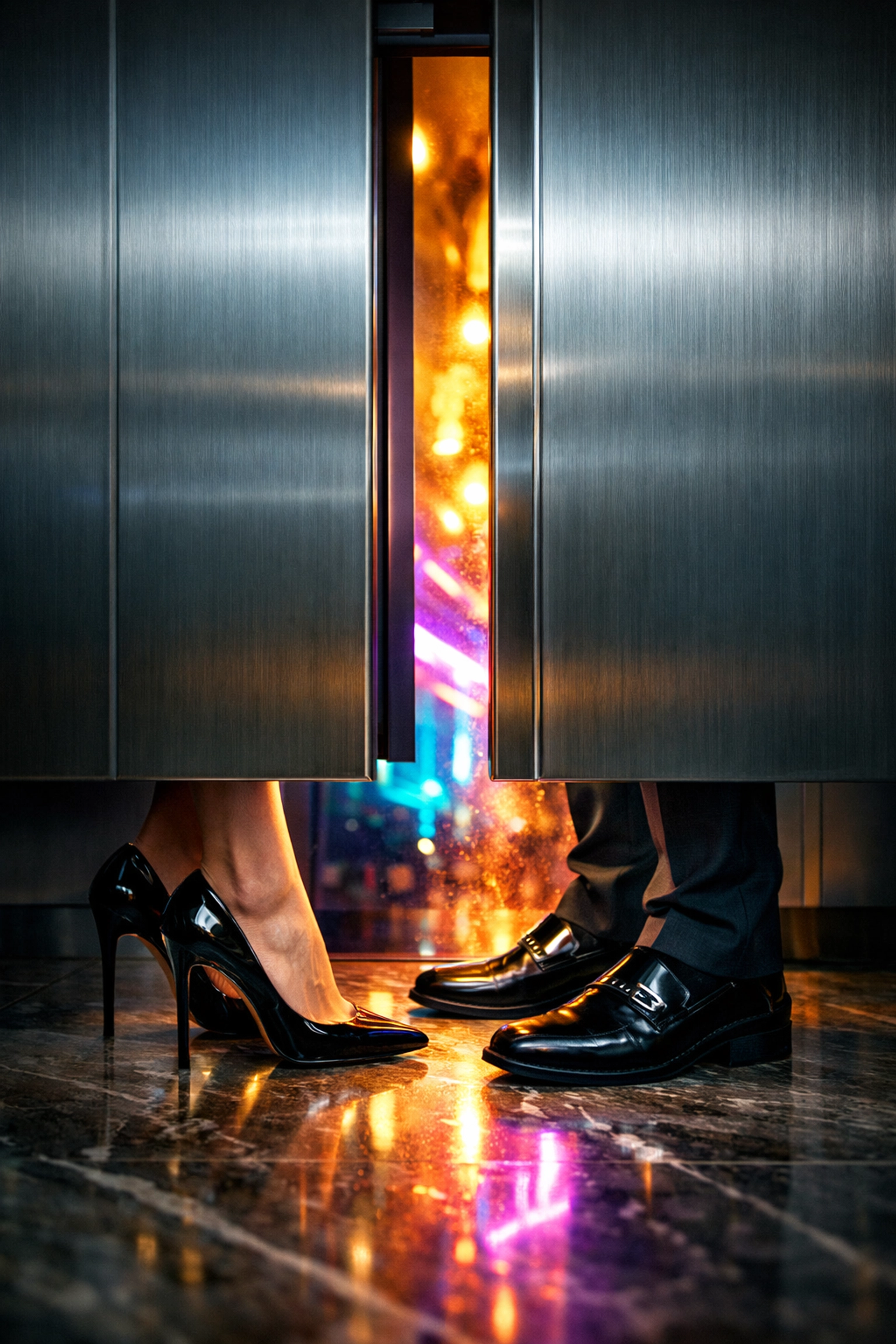 Coworkers in business attire standing close together in an elevator, representing a secret office romance.