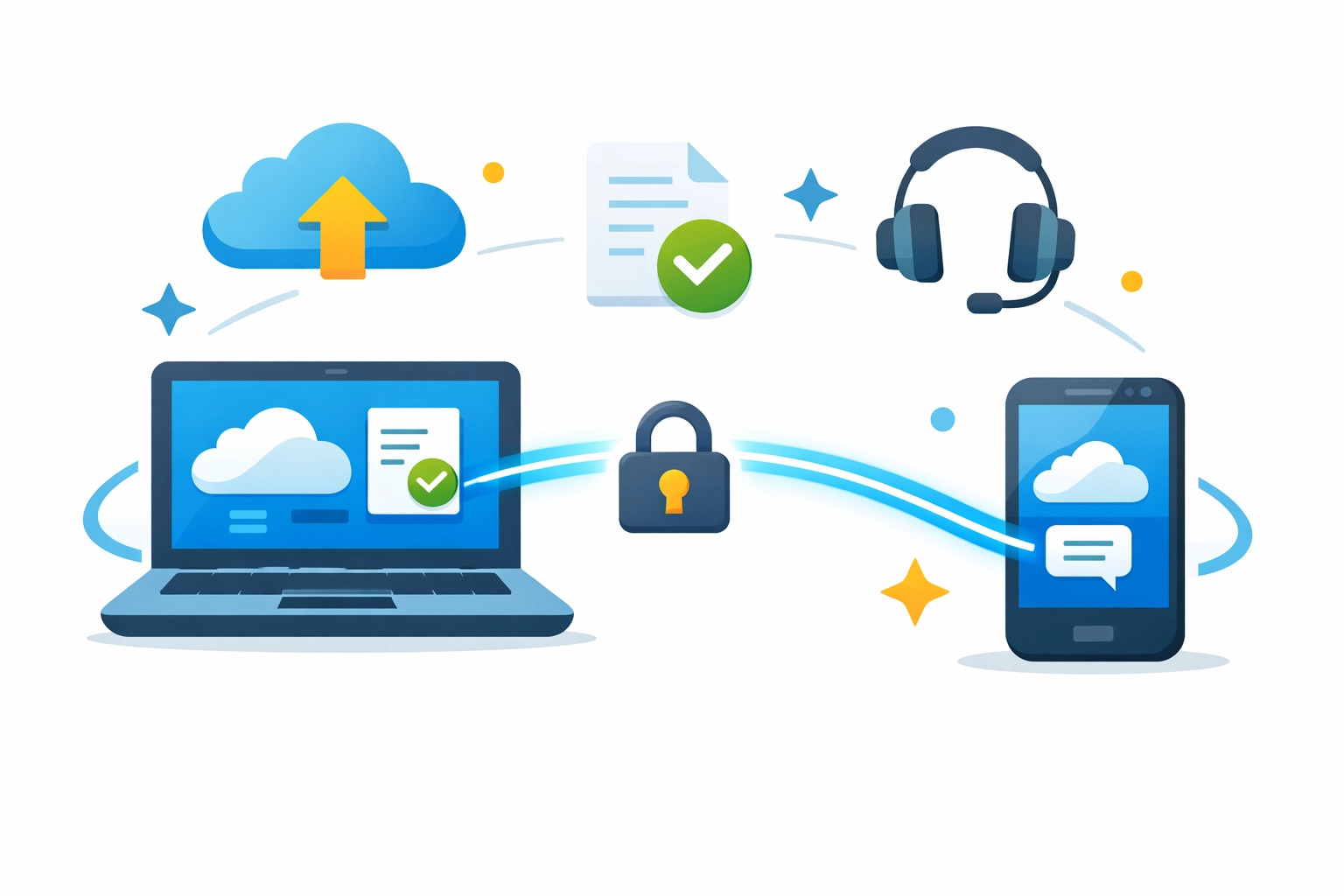 Modern digital illustration of secure virtual tax preparation services on a laptop and smartphone.