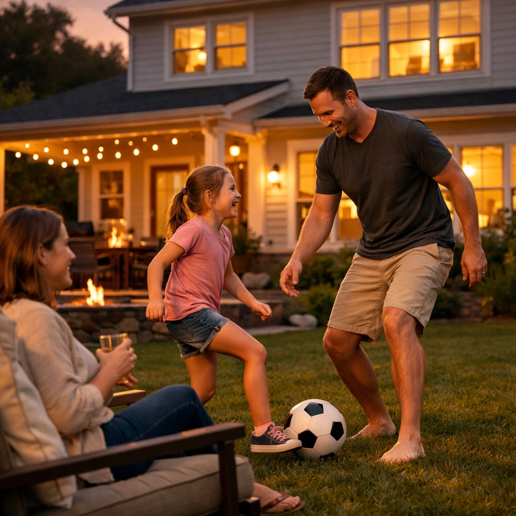 Family playing together in a private backyard of a traditional home during sunset in Terrell, TX.
