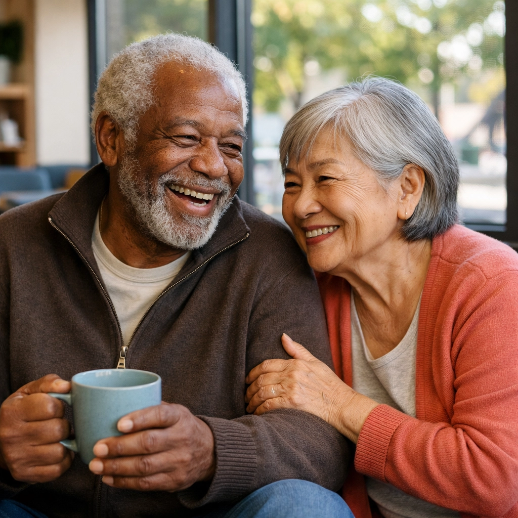 Diverse seniors in a modern community room at a Measure W funded housing development in Oakland.