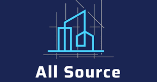 All Source A dark blue background with a light blue line drawing of a commercial building, incorporating architectural lines and angles, representing construction or renovation. The business name 