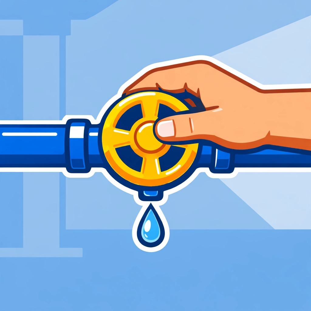 Hand turning a water shut-off valve to stop a leak and prevent flood damage in a Delaware County home.