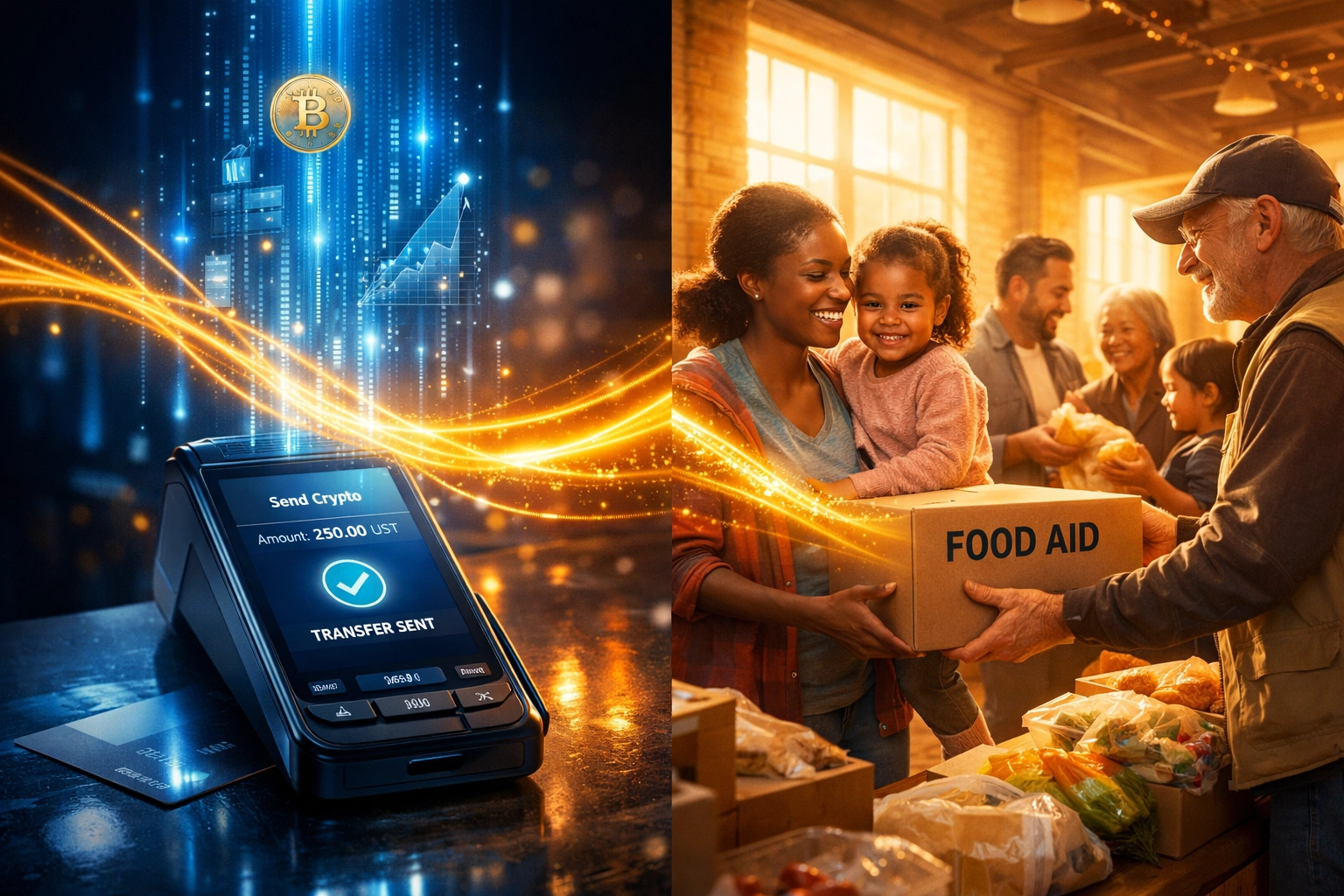 Crypto payment terminal connected to families receiving food aid through blockchain social impact engine