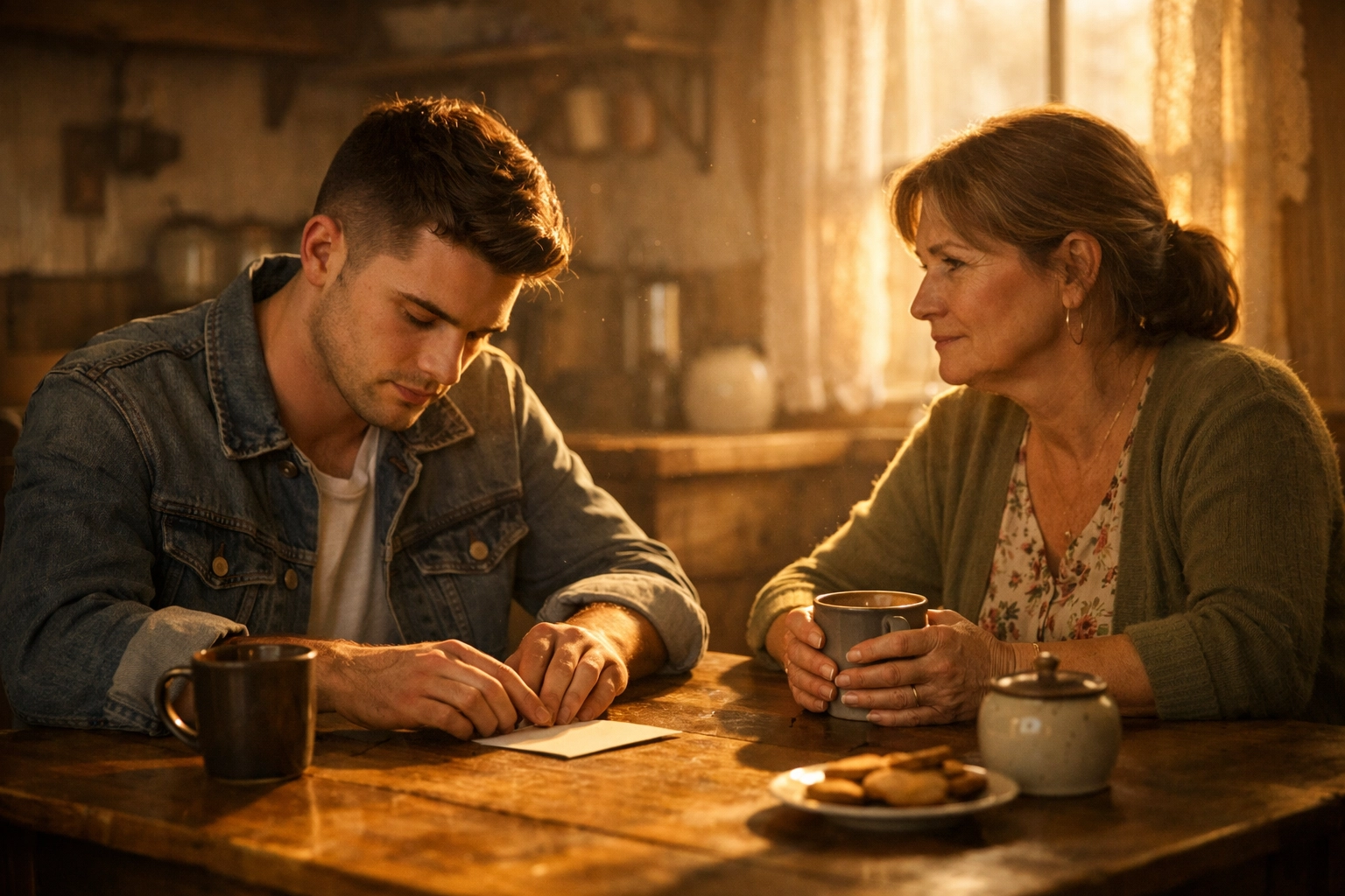 A gay man and his mother sharing a quiet Mother's Day moment at a rustic kitchen table in a small town.