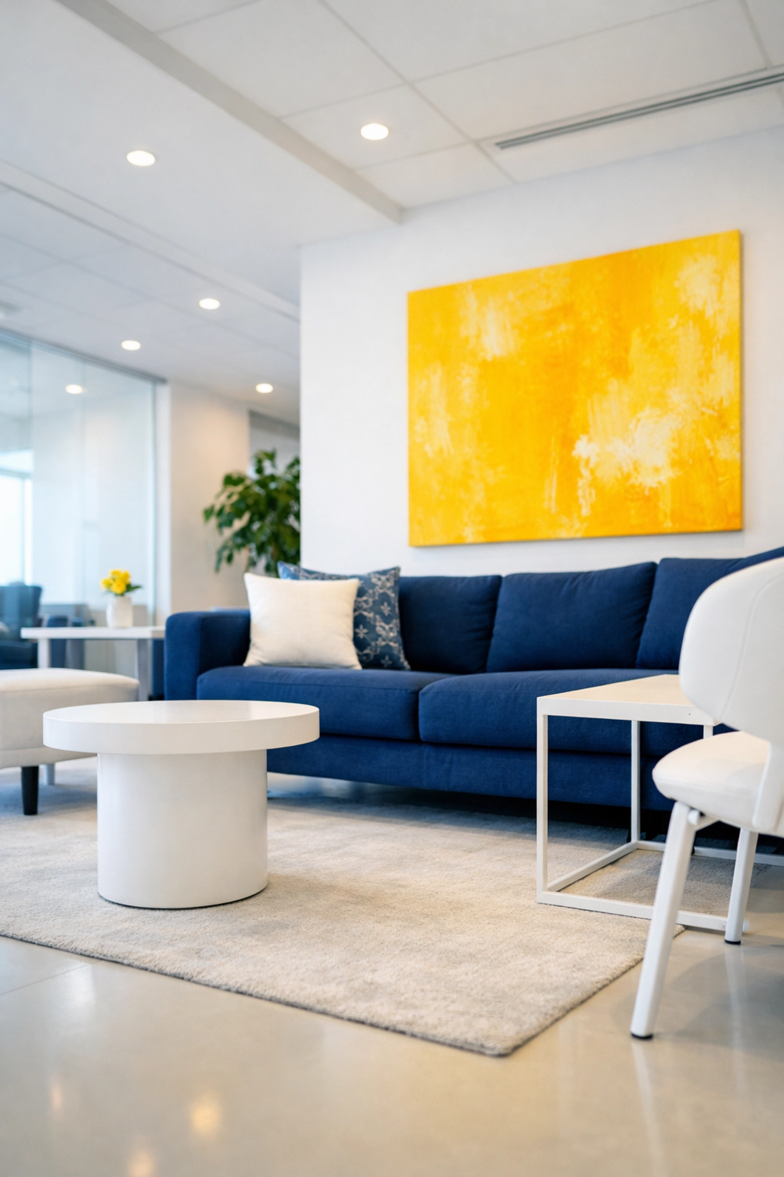 Tidy collaborative lounge area in an Acton office showing a clean and premium workplace culture.