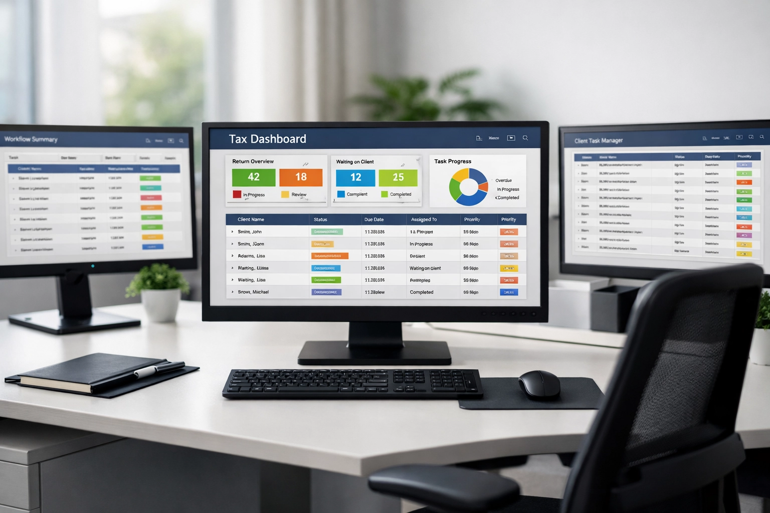 Tax software dashboard displaying service bureau workflow management systems and return processing data