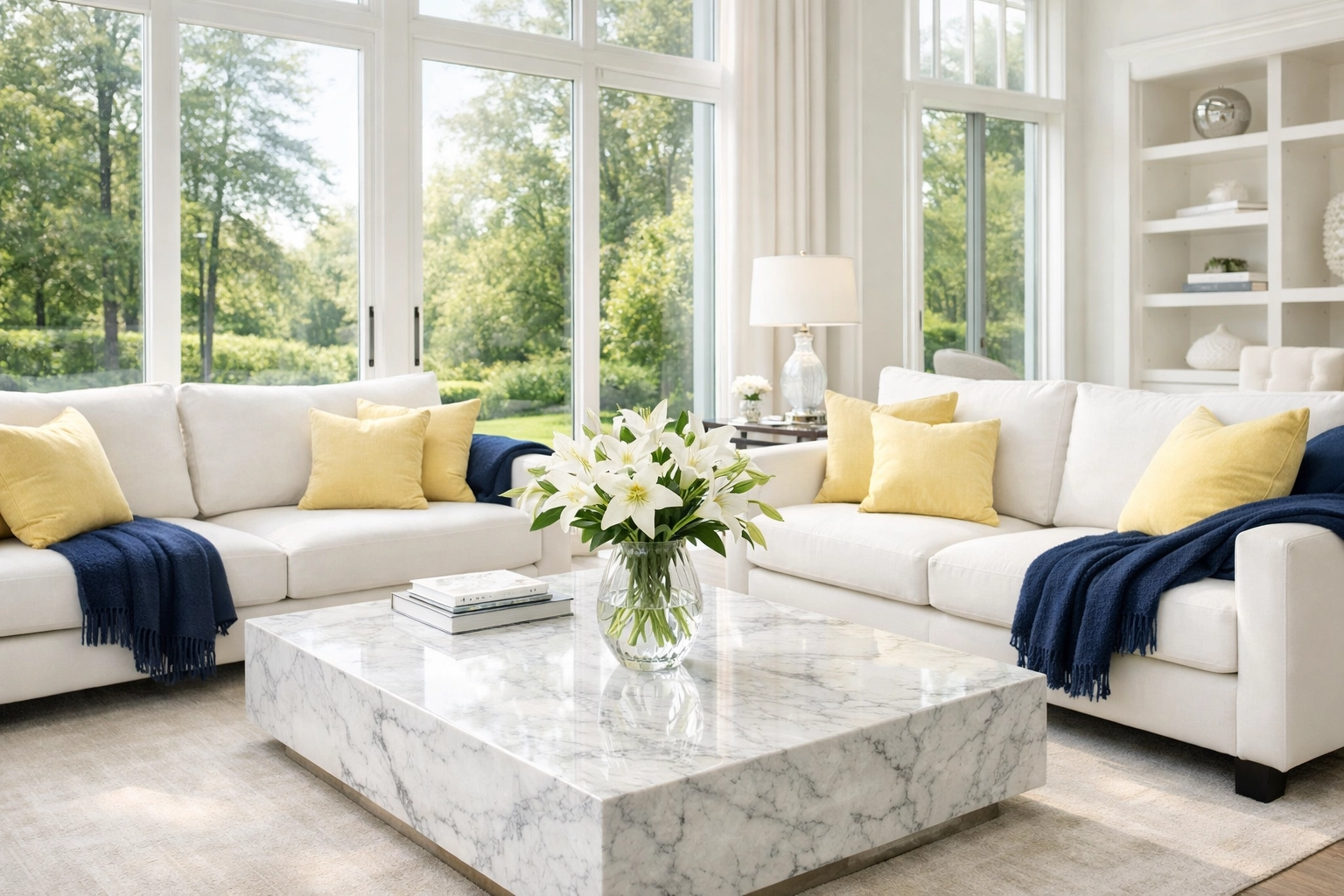 A sun-drenched, professionally cleaned living room in a Needham estate showcasing luxury residential cleaning standards.