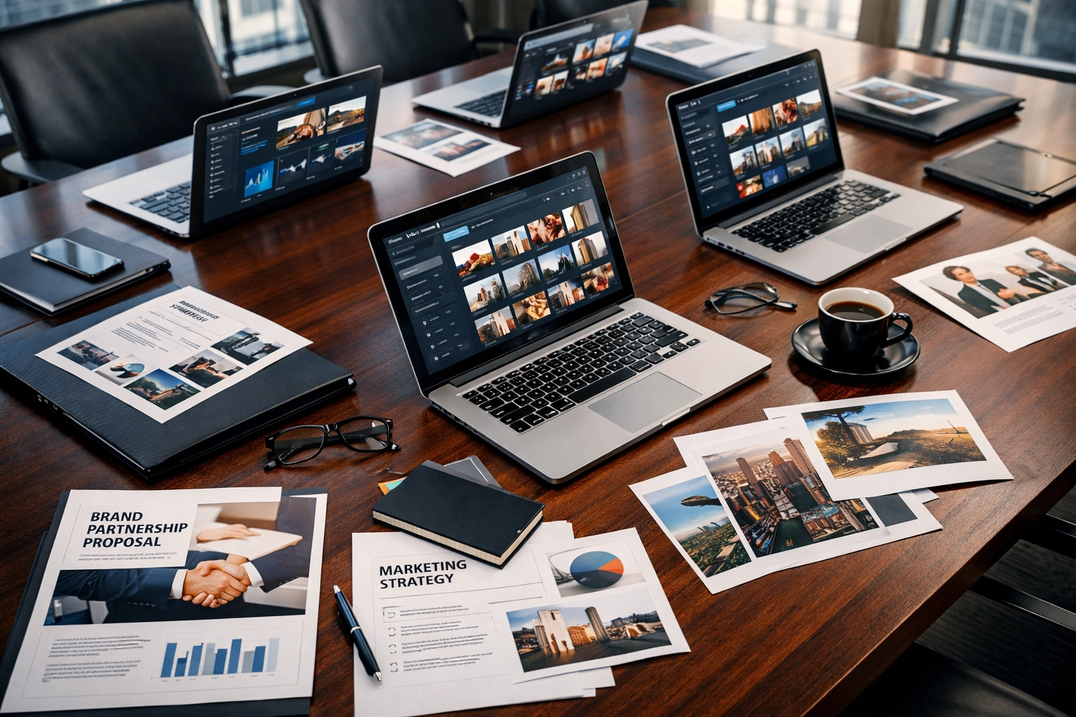 Fortune 100 boardroom with media asset management dashboards and brand partnership strategy documents