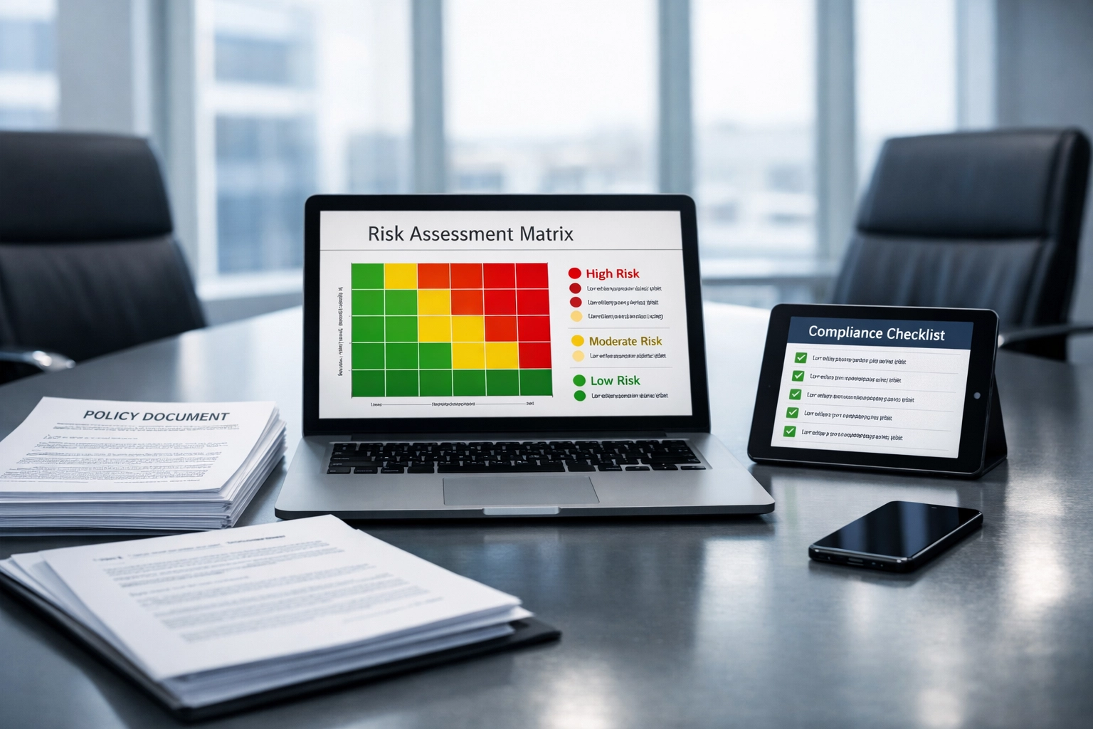 Risk matrix dashboard with compliance checklists for AI governance controls